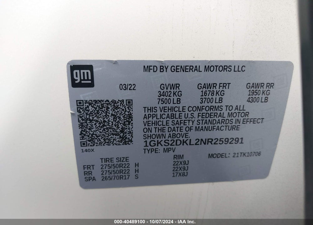 2022 GMC YUKON 4WD DENALI VIN: 1GKS2DKL2NR259291