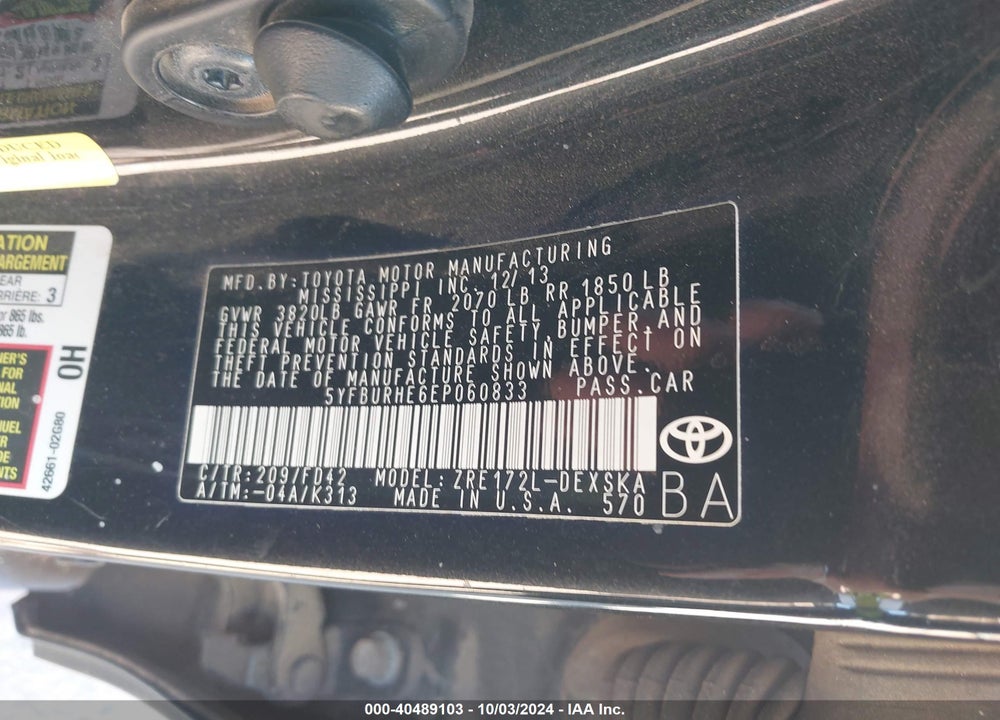 2014 TOYOTA COROLLA S PLUS VIN: 5YFBURHE6EP060833