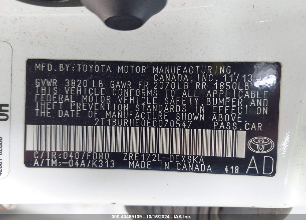 2014 TOYOTA COROLLA S PLUS VIN: 2T1BURHE0EC070547