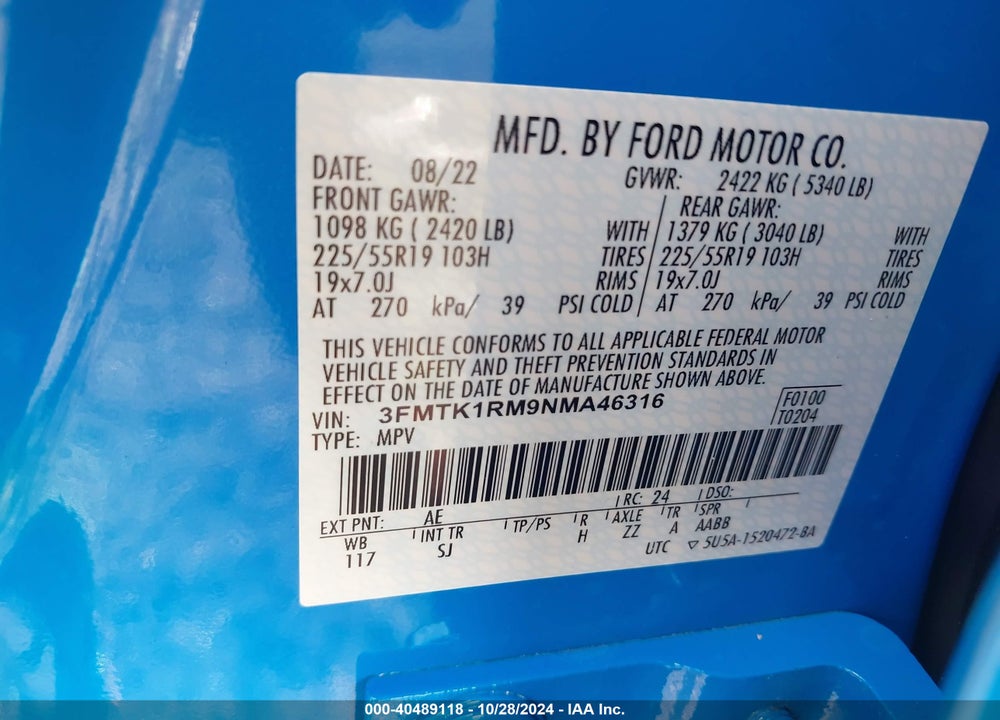 2022 FORD MUSTANG MACH-E SELECT VIN: 3FMTK1RM9NMA46316