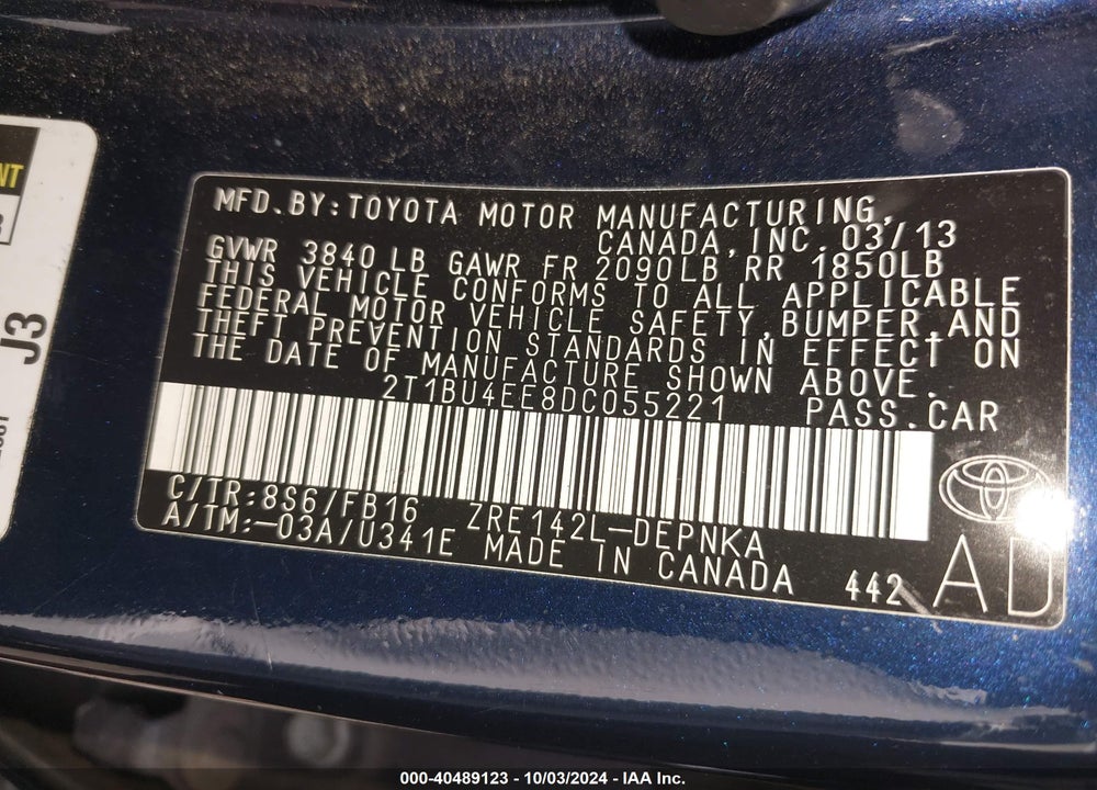 2013 TOYOTA COROLLA LE VIN: 2T1BU4EE8DC055221