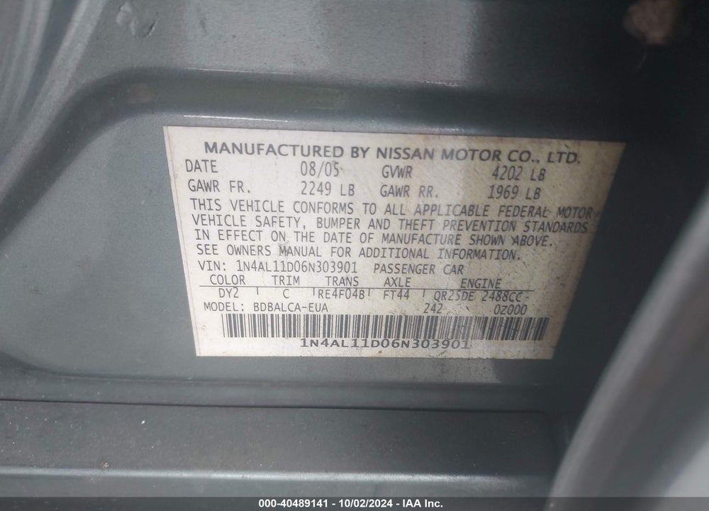 2006 NISSAN ALTIMA 2.5 S VIN: 1N4AL11D06N303901