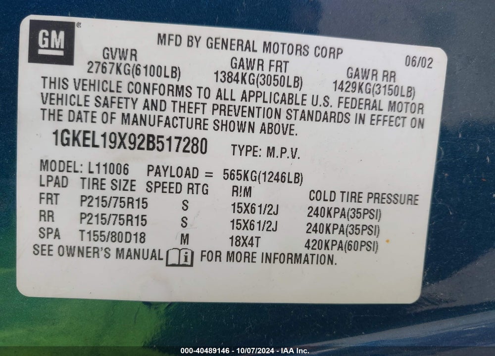 2002 GMC SAFARI SLE VIN: 1GKEL19X92B517280