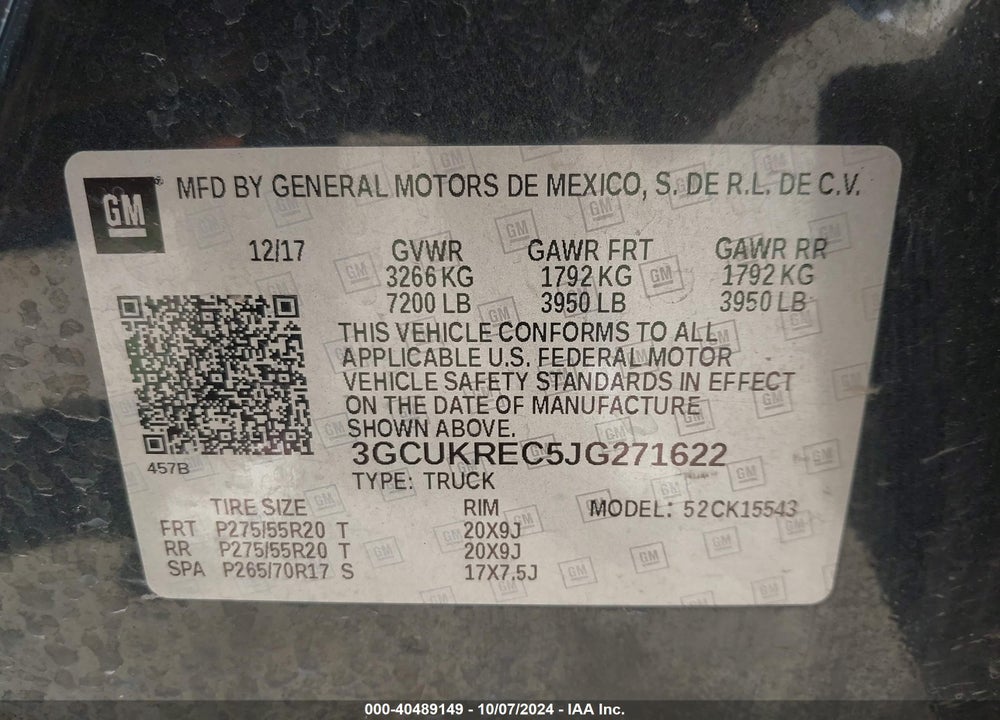 2018 CHEVROLET SILVERADO 1500 1LT VIN: 3GCUKREC5JG271622