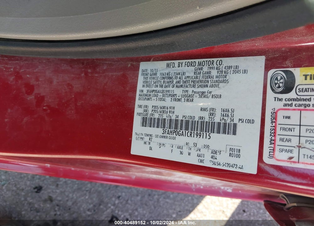 2012 FORD FUSION S VIN: 3FAHP0GA1CR199115