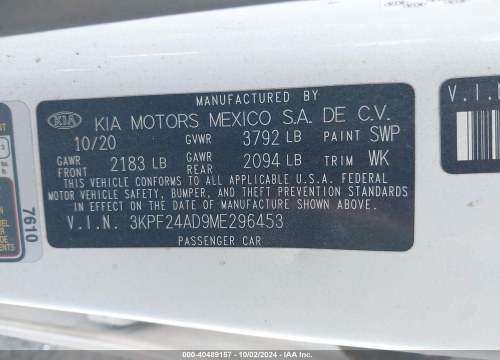2021 KIA FORTE LXS VIN: 3KPF24AD9ME296453