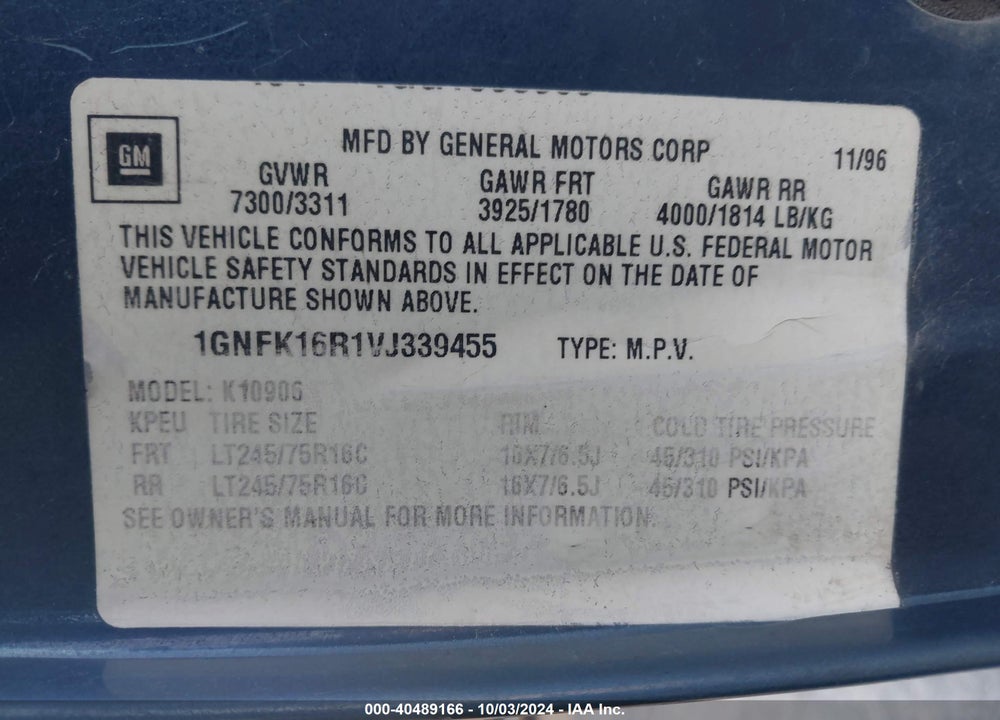 1997 CHEVROLET SUBURBAN 1500 VIN: 1GNFK16R1VJ339455