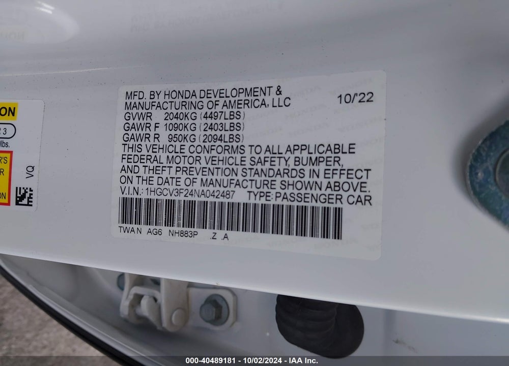 2022 HONDA ACCORD HYBRID SPORT VIN: 1HGCV3F24NA042487