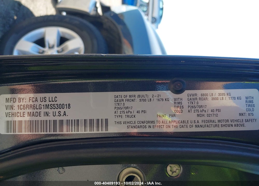 2021 RAM 1500 CLASSIC SLT 4X2 5'7 BOX VIN: 1C6RR6LG1MS530018