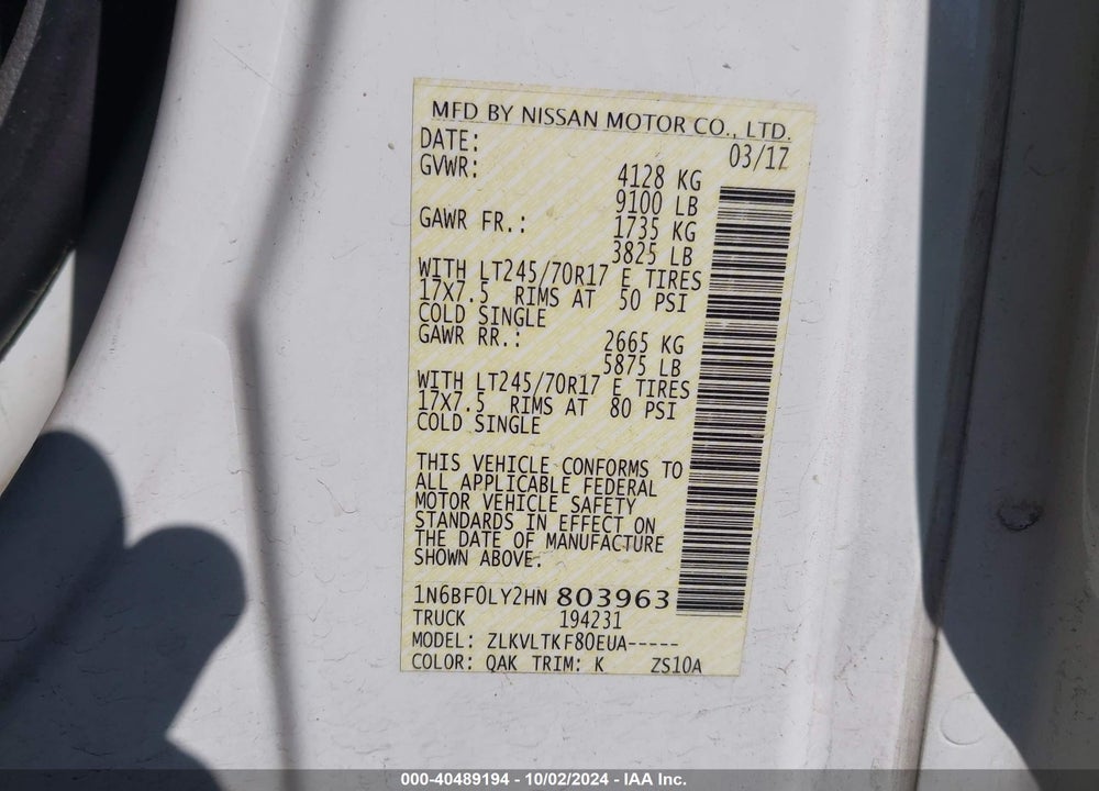 2017 NISSAN NV CARGO NV2500 HD SV V6 VIN: 1N6BF0LY2HN803963