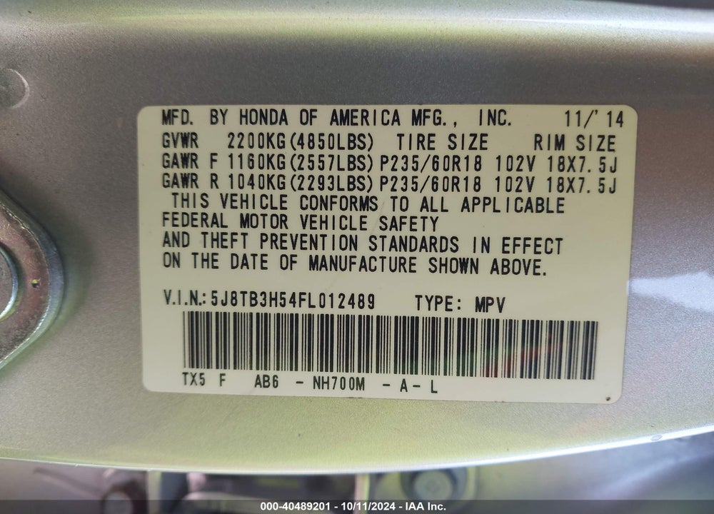 2015 ACURA RDX VIN: 5J8TB3H54FL012489
