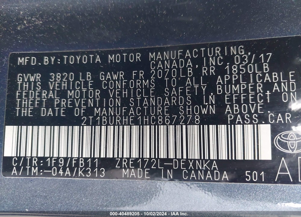 2017 TOYOTA COROLLA LE VIN: 2T1BURHE1HC867278