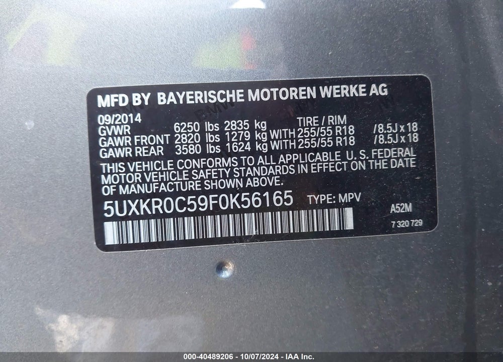 2015 BMW X5 XDRIVE35I VIN: 5UXKR0C59F0K56165