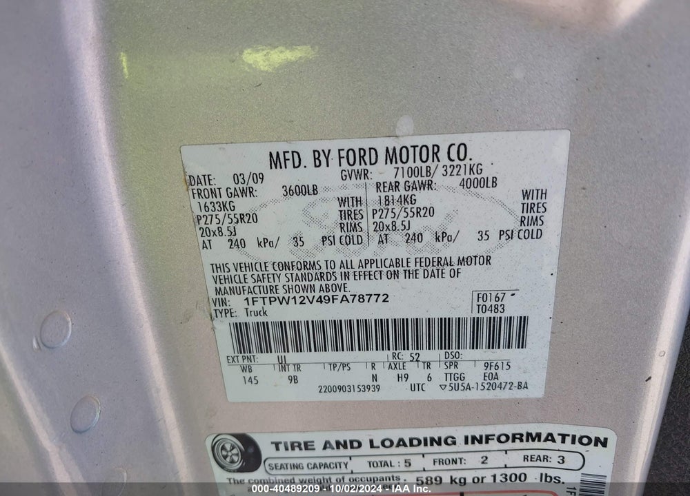 2009 FORD F-150 PLATINUM VIN: 1FTPW12V49FA78772