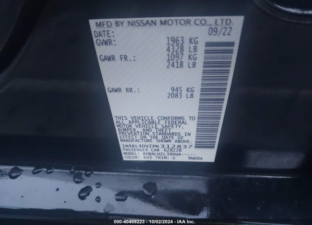 2023 NISSAN ALTIMA SV FWD VIN: 1N4BL4DV2PN312837