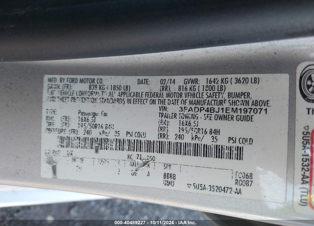 2014 FORD FIESTA SE VIN: 3FADP4BJ1EM197071