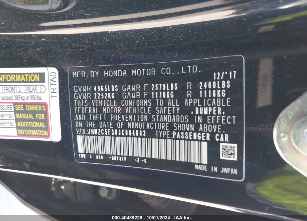 2018 HONDA CLARITY PLUG-IN HYBRID TOURING VIN: JHMZC5F38JC004843