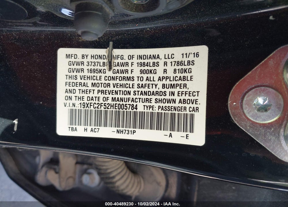 2017 HONDA CIVIC LX VIN: 19XFC2F52HE005784
