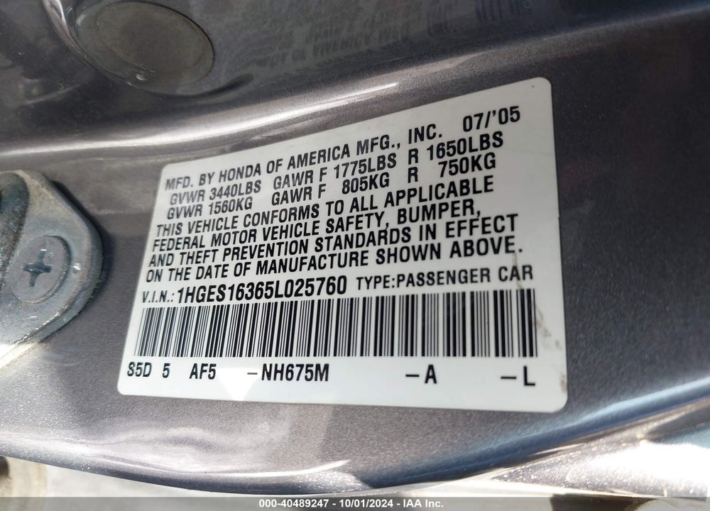 2005 HONDA CIVIC VP VIN: 1HGES16365L025760