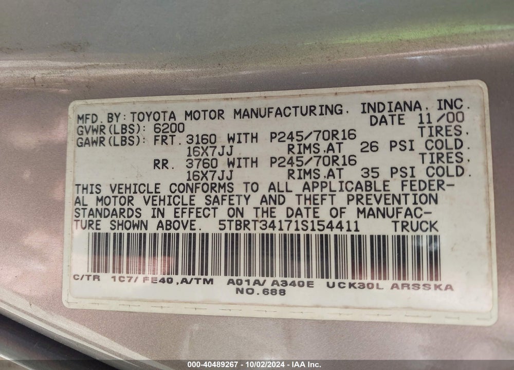 2001 TOYOTA TUNDRA SR5 V8 VIN: 5TBRT34171S154411