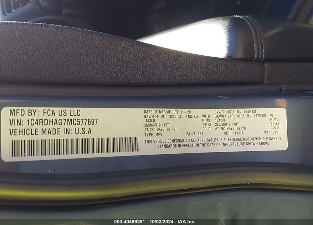 2021 DODGE DURANGO SXT PLUS RWD VIN: 1C4RDHAG7MC577697