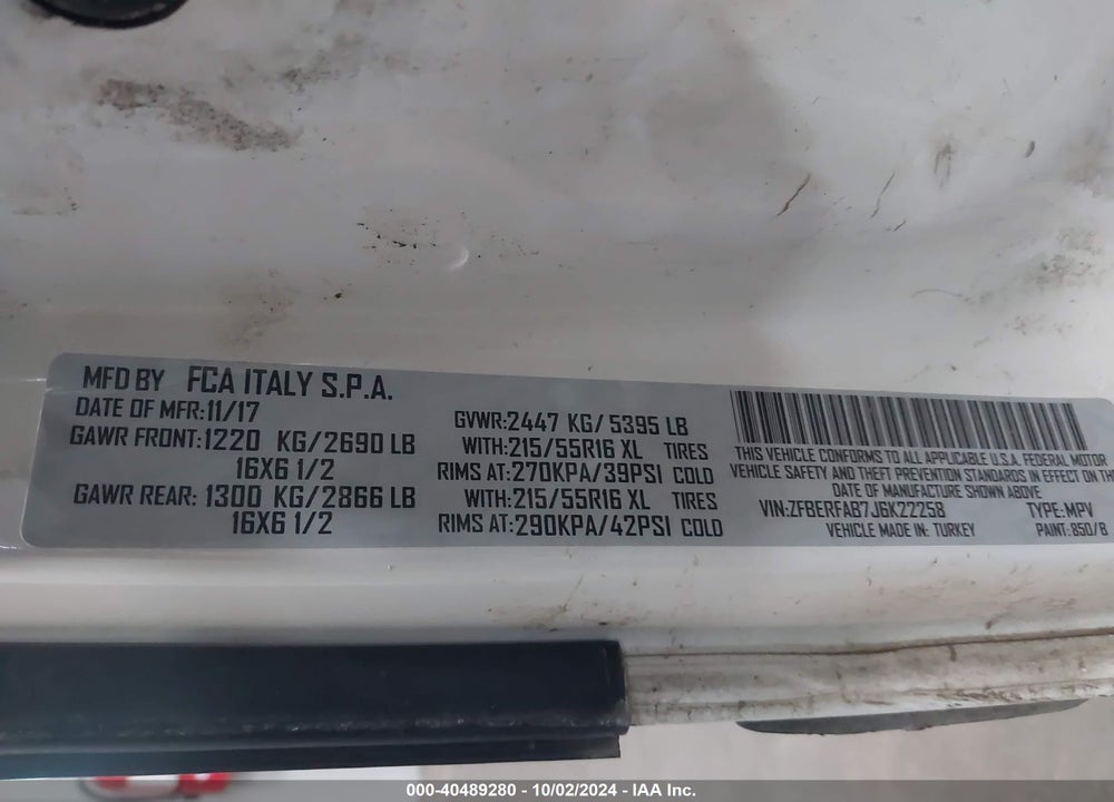 2018 RAM PROMASTER CITY TRADESMAN VIN: ZFBERFAB7J6K22258