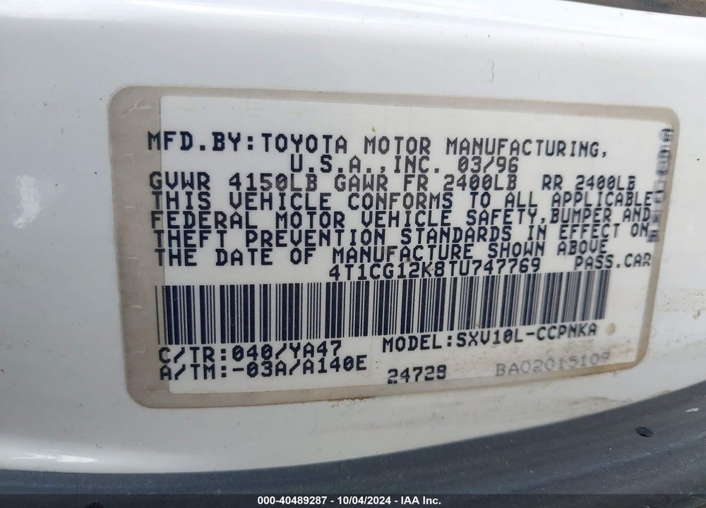 1996 TOYOTA CAMRY DX/LE VIN: 4T1CG12K8TU747769