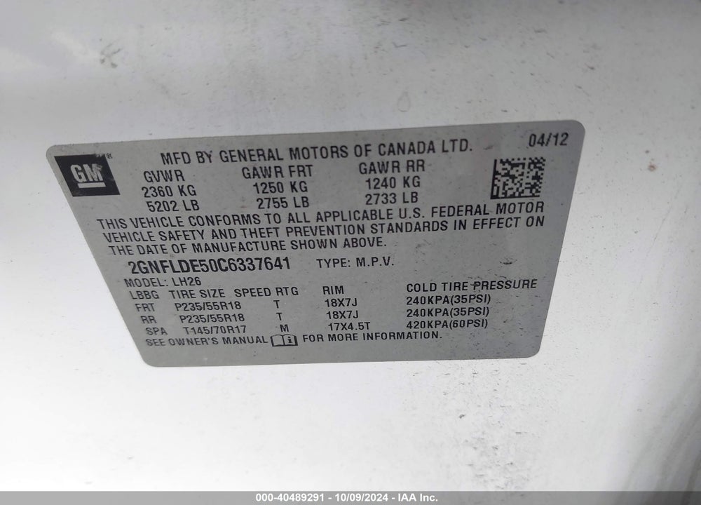 2012 CHEVROLET EQUINOX VIN: 2GNFLDE50C6337641