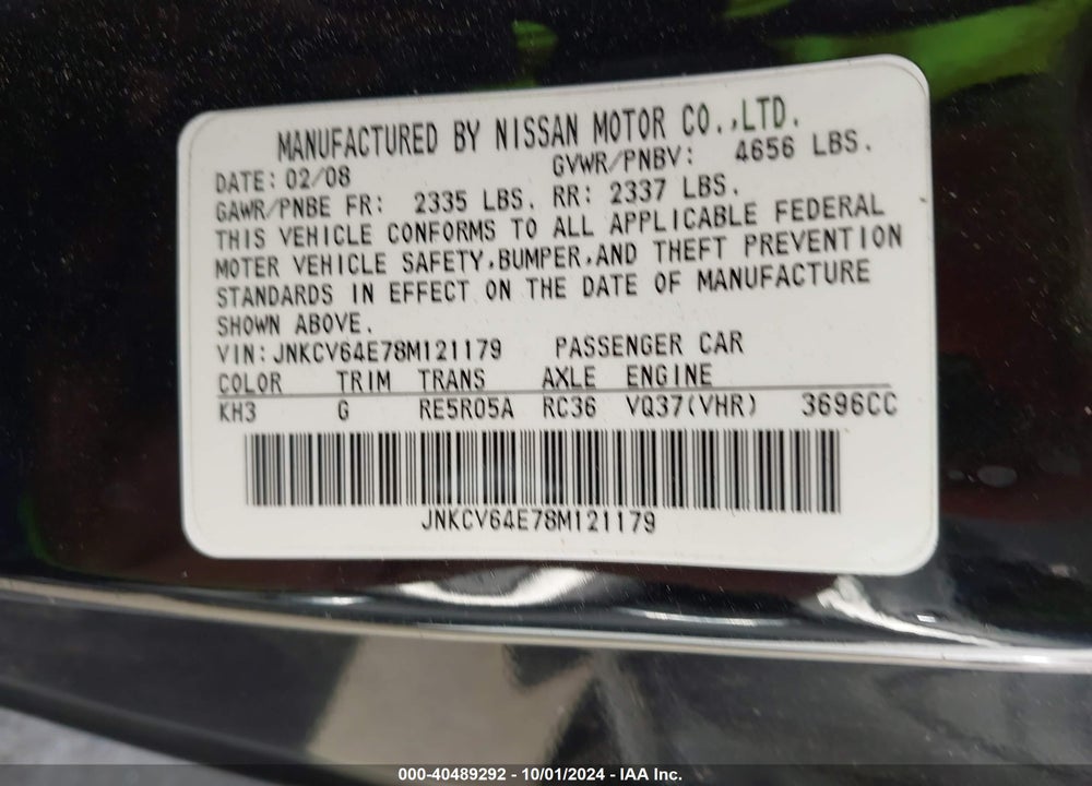 2008 INFINITI G37 JOURNEY VIN: JNKCV64E78M121179