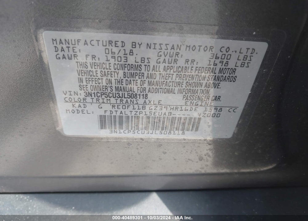 2018 NISSAN KICKS SR VIN: 3N1CP5CU3JL508118