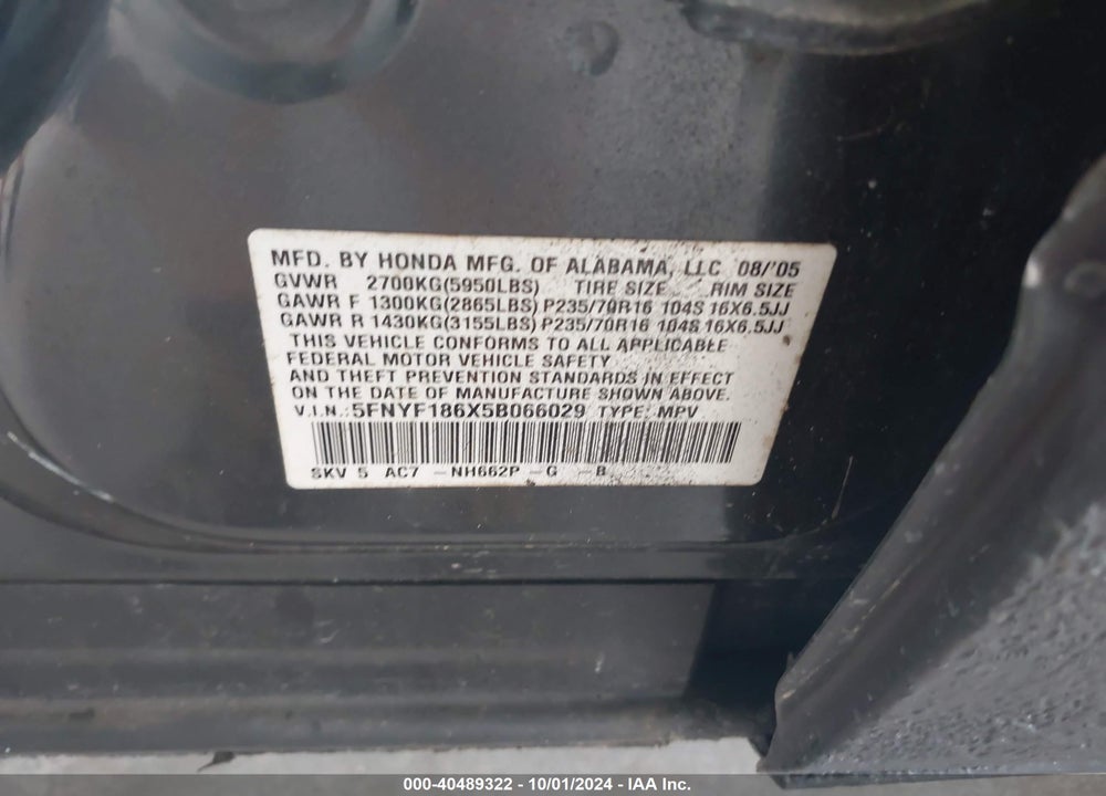 2005 HONDA PILOT EX-L VIN: 5FNYF186X5B066029