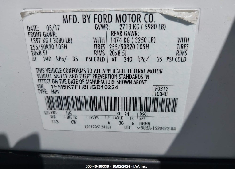 2017 FORD EXPLORER LIMITED VIN: 1FM5K7FH8HGD10224