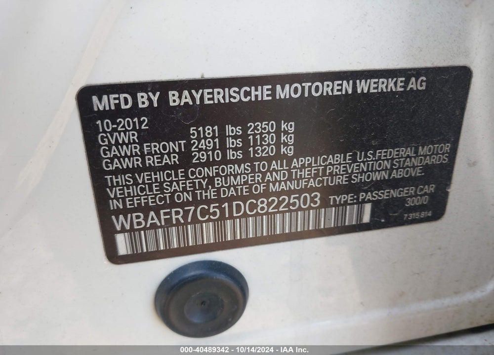 2013 BMW 535I VIN: WBAFR7C51DC822503