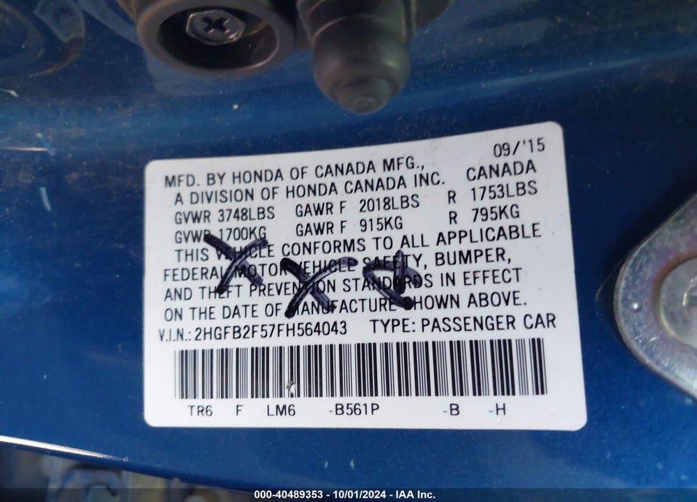 2015 HONDA CIVIC LX VIN: 2HGFB2F57FH564043