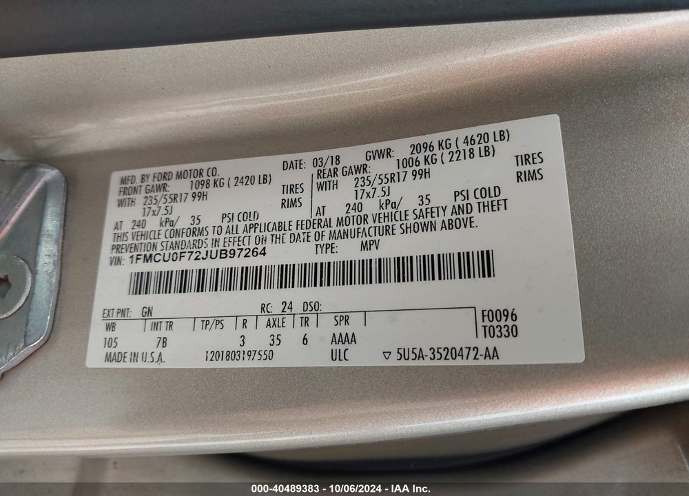2018 FORD ESCAPE S VIN: 1FMCU0F72JUB97264