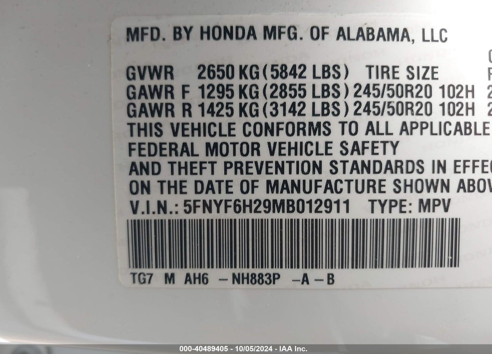 2021 HONDA PILOT AWD SPECIAL EDITION VIN: 5FNYF6H29MB012911