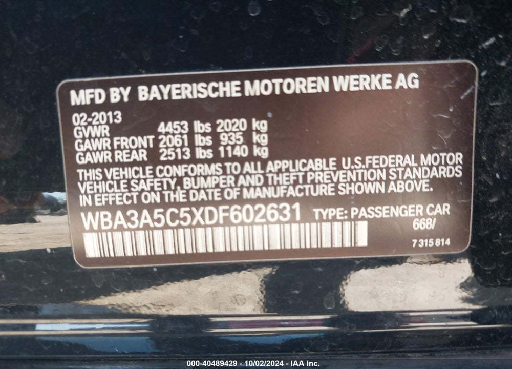 2013 BMW 328I VIN: WBA3A5C5XDF602631