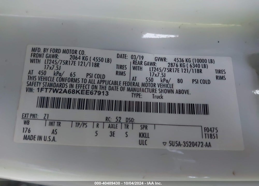 2019 FORD F-250 XL VIN: 1FT7W2A68KEE67913