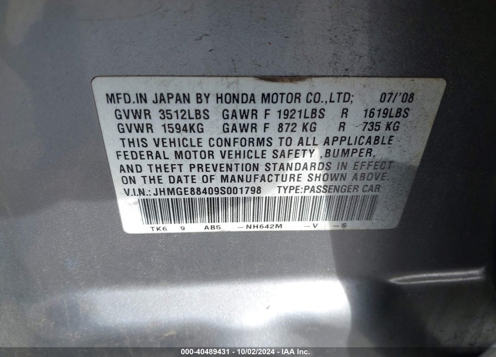 2009 HONDA FIT SPORT VIN: JHMGE88409S001798