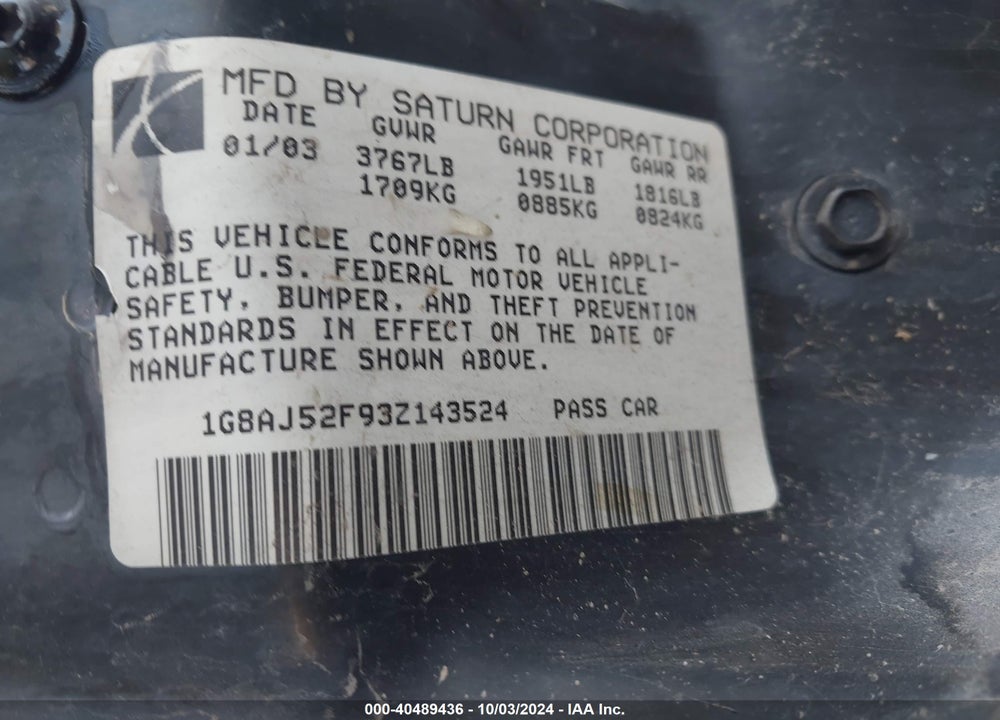 2003 SATURN ION 3 VIN: 1G8AL52FX3Z147897