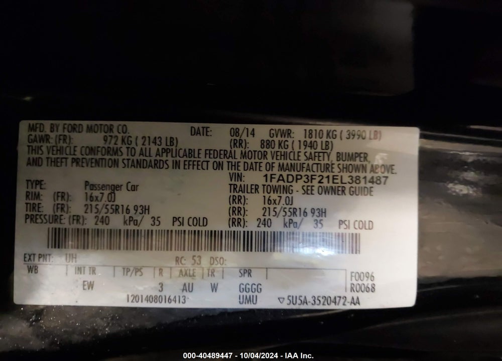 2014 FORD FOCUS SE VIN: 1FADP3F21EL381487
