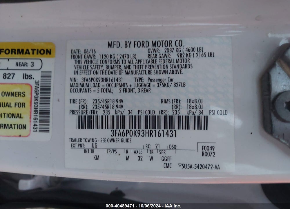 2017 FORD FUSION TITANIUM VIN: 3FA6P0K93HR161431