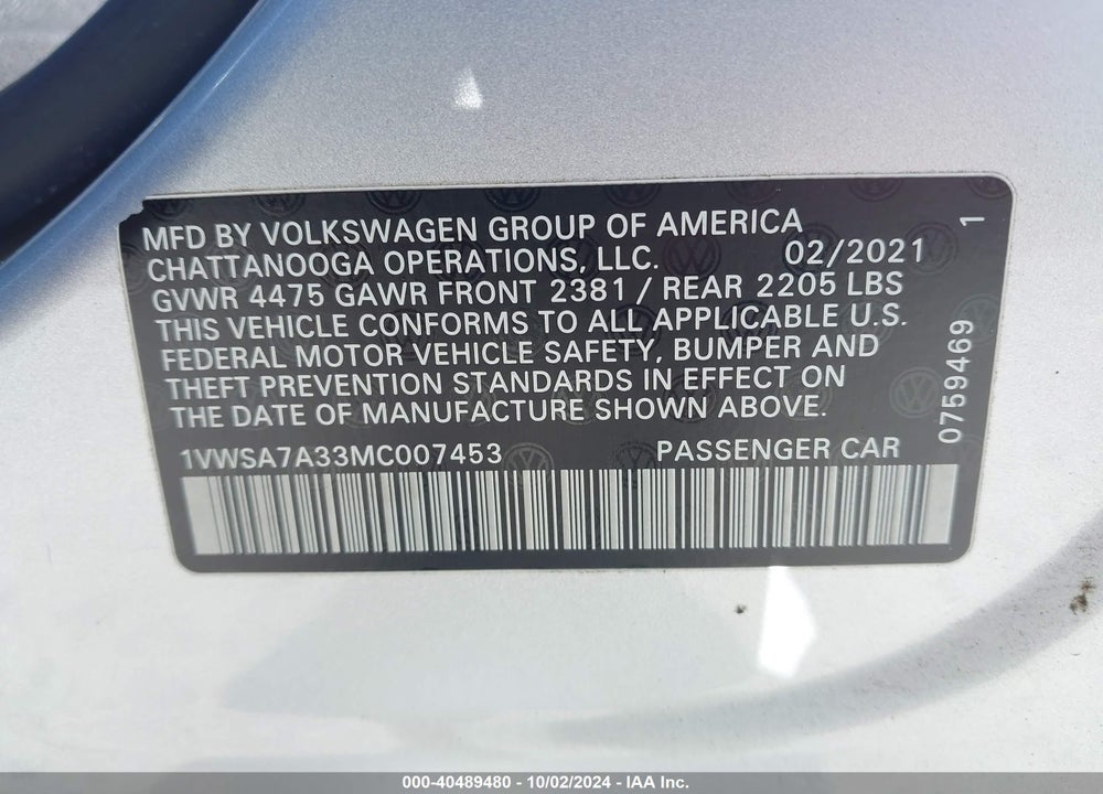 2021 VOLKSWAGEN PASSAT 2.0T SE VIN: 1VWSA7A33MC007453