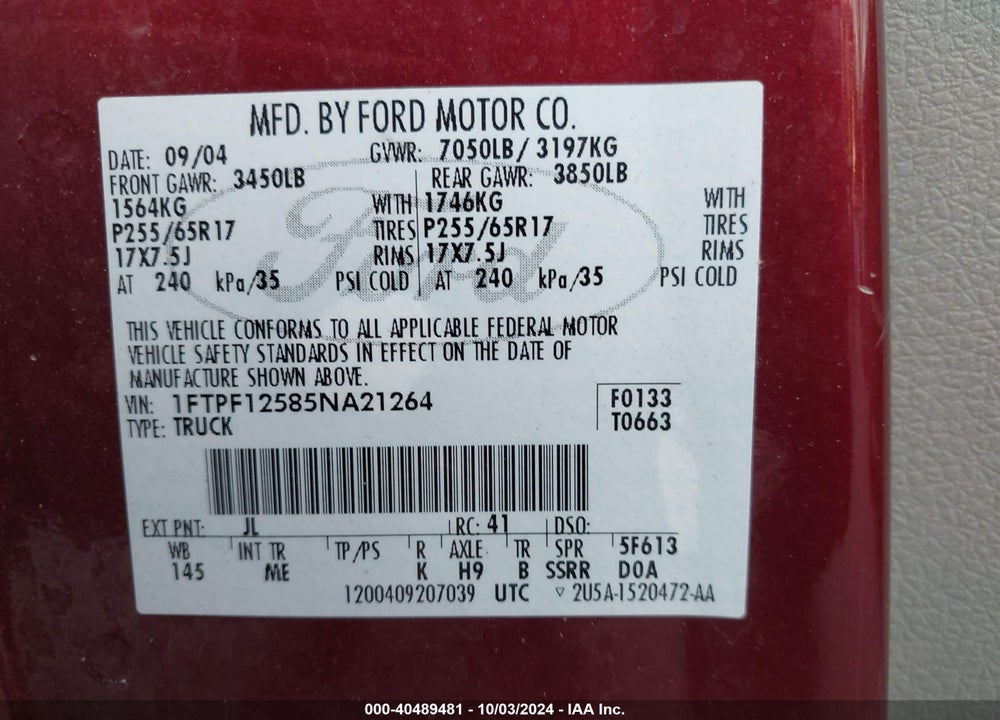 2005 FORD F150 VIN: 1FTPF12585NA21264