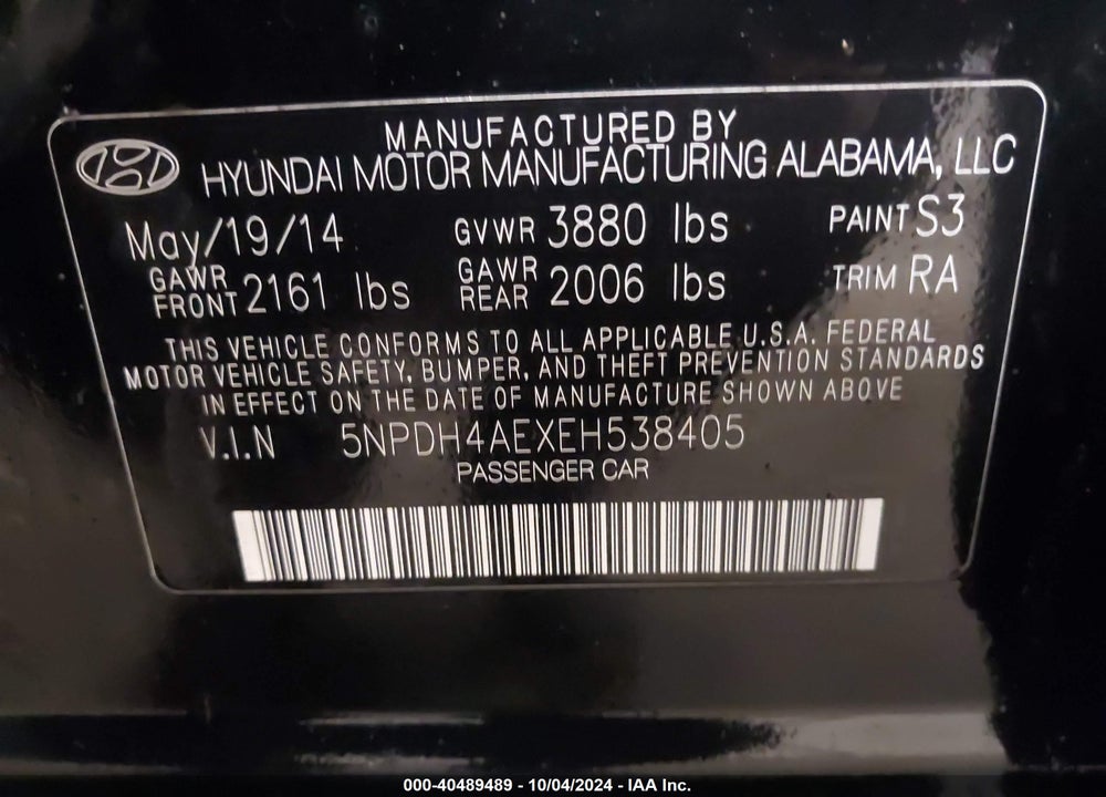 2014 HYUNDAI ELANTRA SE VIN: 5NPDH4AEXEH538405