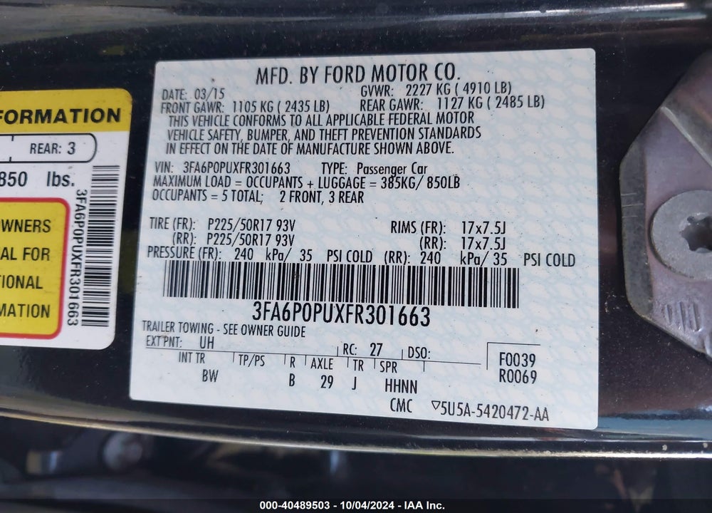 2015 FORD FUSION ENERGI SE LUXURY VIN: 3FA6P0PUXFR301663