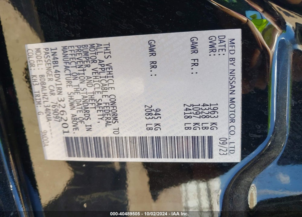 2024 NISSAN ALTIMA SV FWD VIN: 1N4BL4DV1RN326201