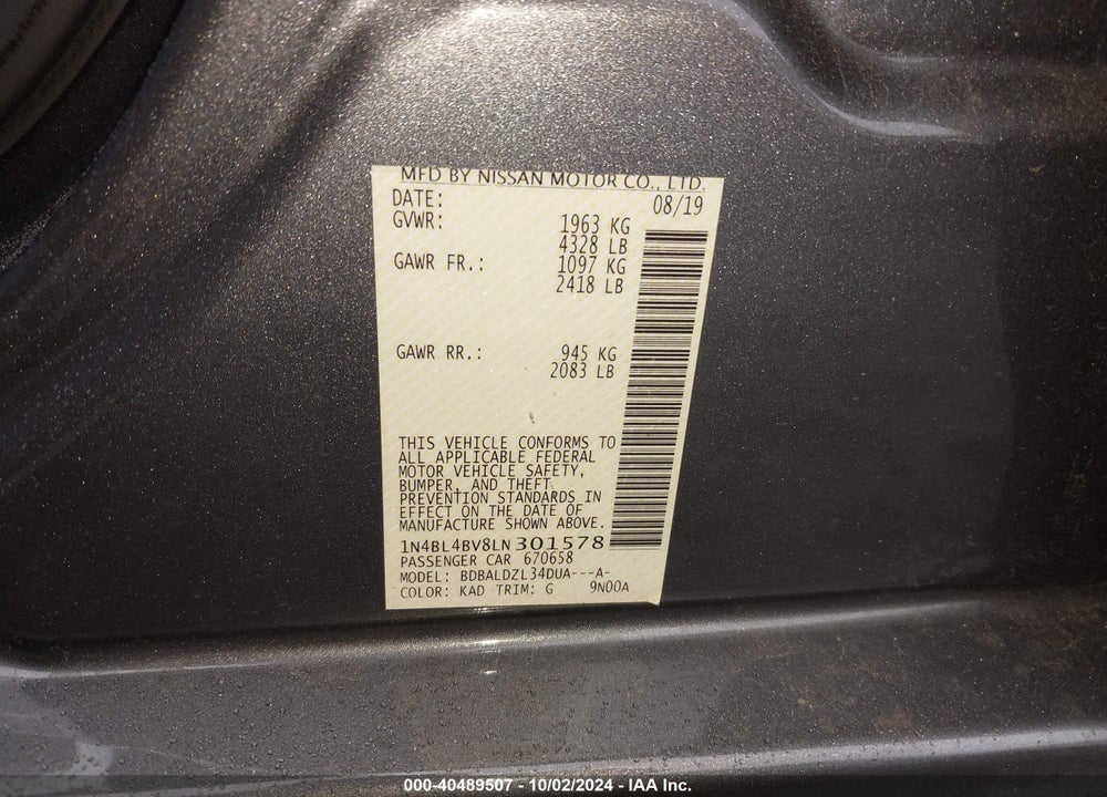 2020 NISSAN ALTIMA S FWD VIN: 1N4BL4BV8LN301578
