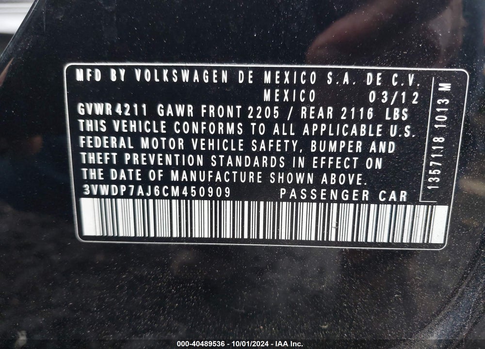 2012 VOLKSWAGEN JETTA 2.5L SE VIN: 3VWDP7AJ6CM450909