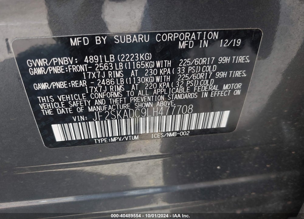 2020 SUBARU FORESTER VIN: JF2SKADC9LH477708